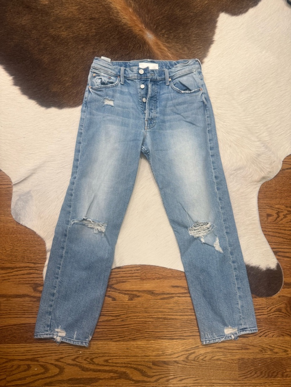 MOTHER Faded Light Blue Distressed Boyfriend Jeans